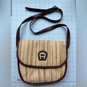 Vintage ETIENNE AIGNER OXBLOOD Leather Tan Weave Crossbody Shoulder Satchel Bag